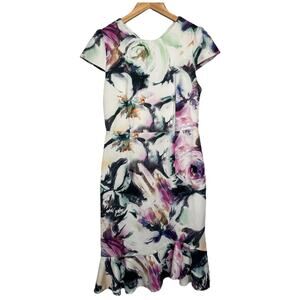 Betsey Johnson Floral Scuba Midi Dress with Ruffle Hem - Size 12
